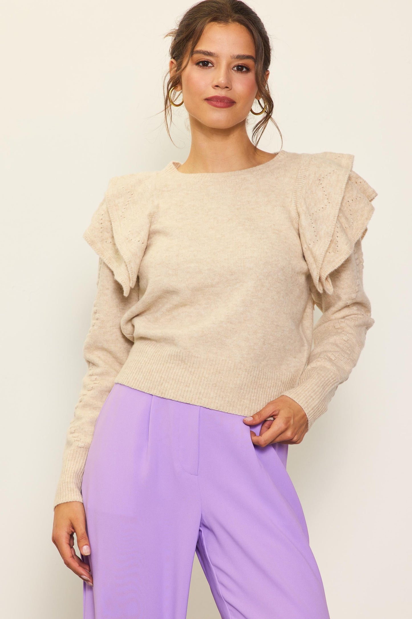 Cream Ruffle Sleeve Sweater
