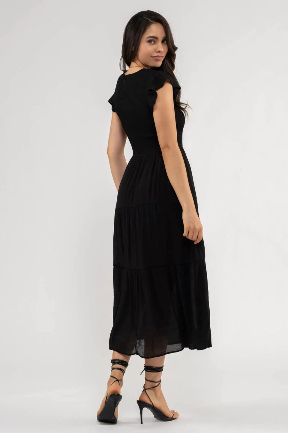 Black Smocked Midi Dress