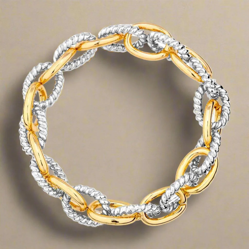 Mixed Metal Textured Link Chain Stretch Bracelet