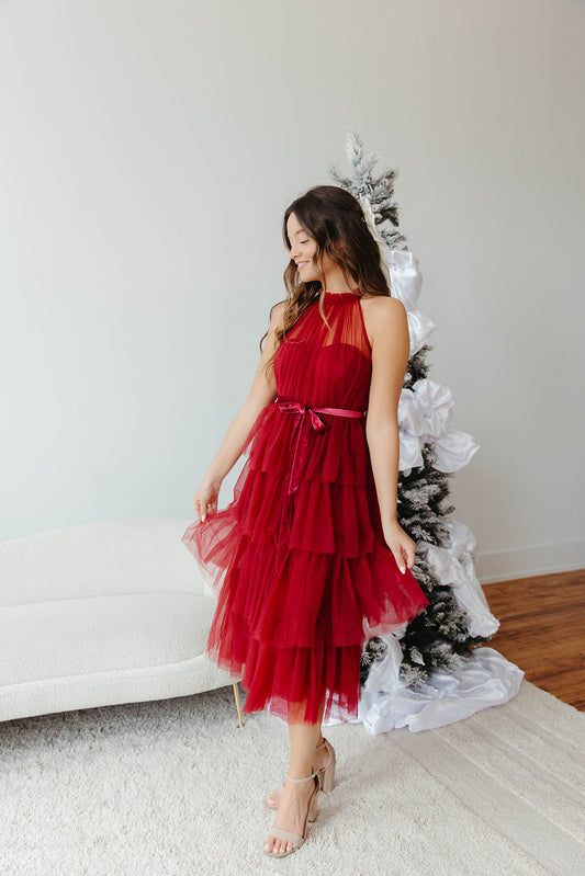 Wine Tuelle Halter Midi Dress - FINAL SALE