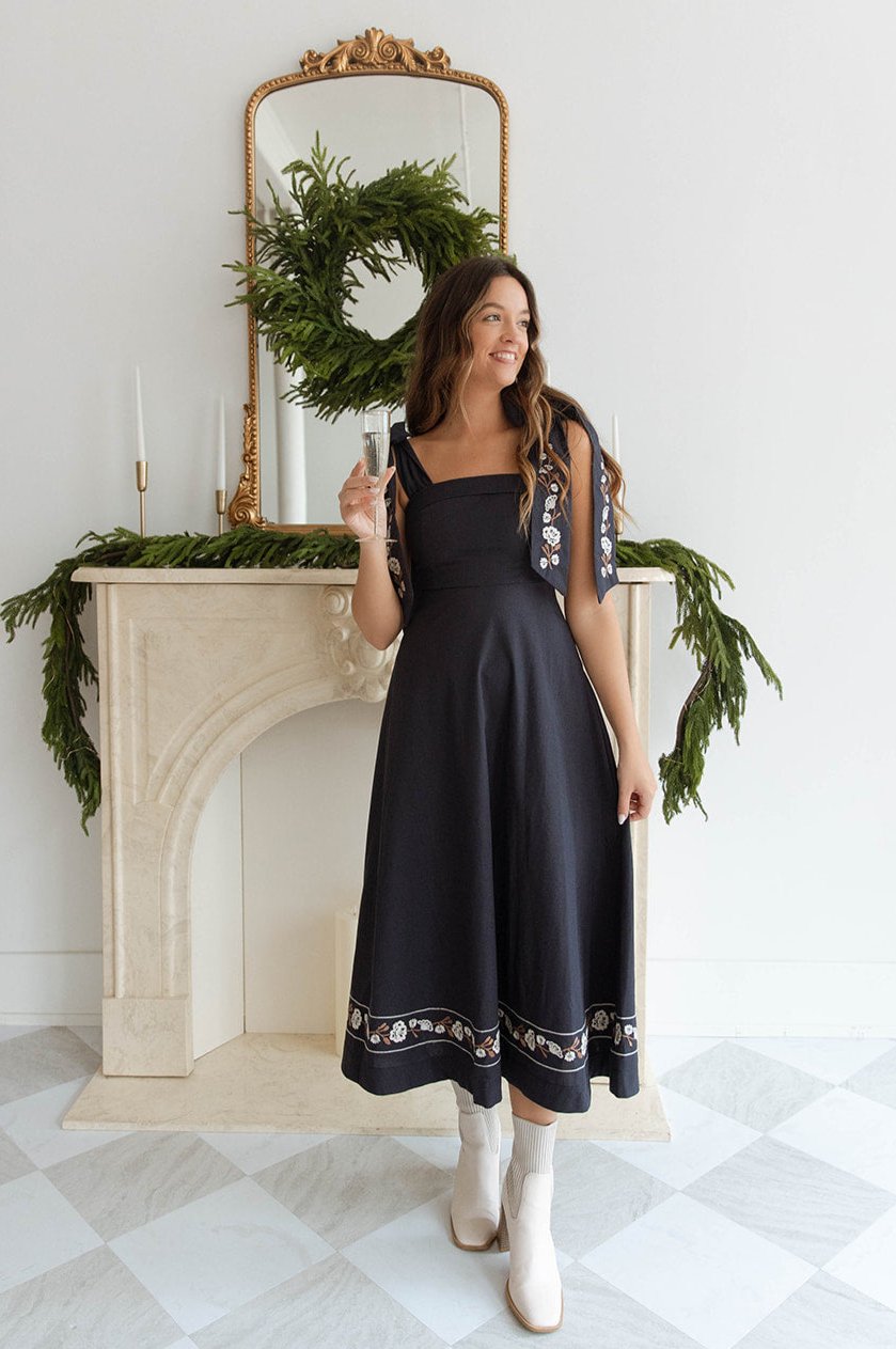 green emerald velvet dress Navy Embroidered Bow Tie Midi Dress