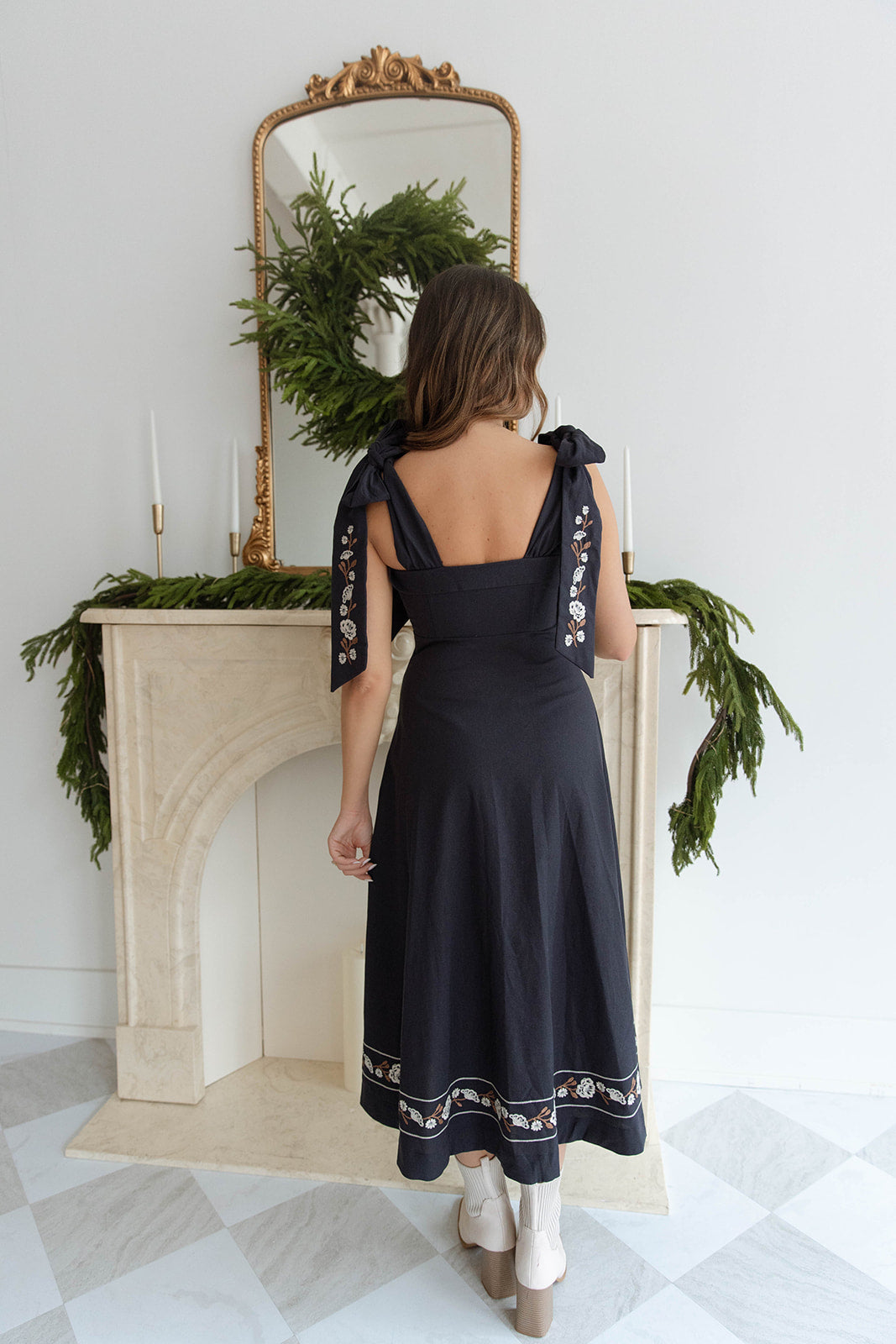 Navy Embroidered Bow Tie Midi Dress - FINAL SALE