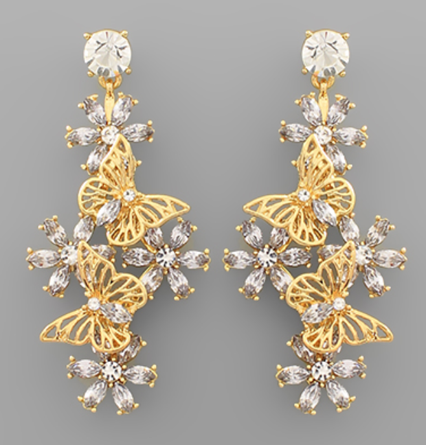 Pave Flower & Butterfly Drop Earrings - Clear - FINAL SALE