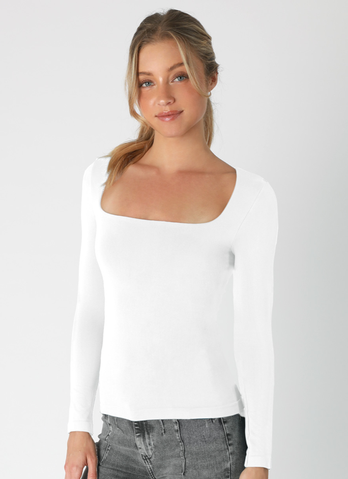 White Square Neck Long Sleeve Top