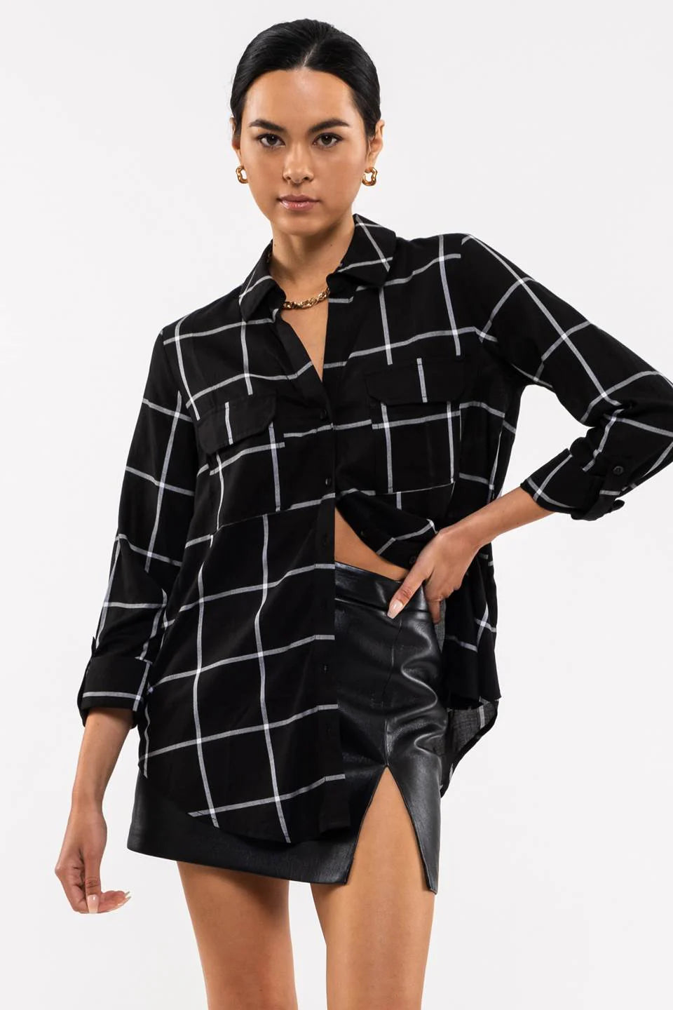 Black Plaid Button Up Blouse