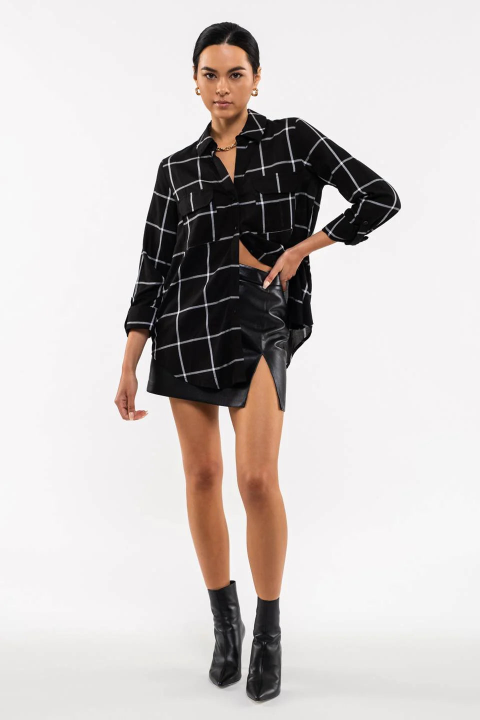 Black Plaid Button Up Blouse
