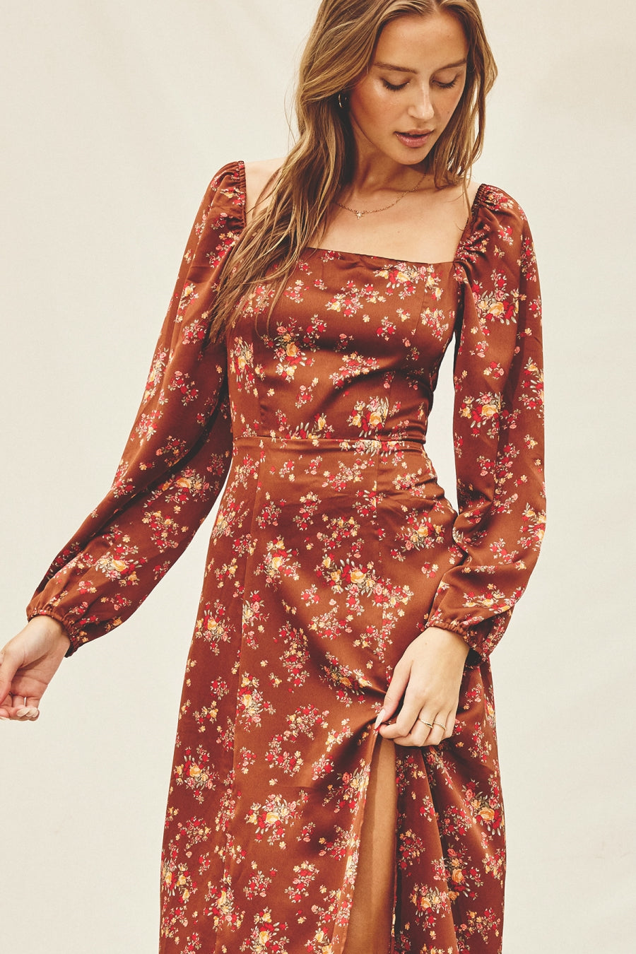 Brown Floral Midi Dress