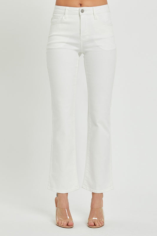 Risen White Mid Rise Ankle Bootcut Jeans