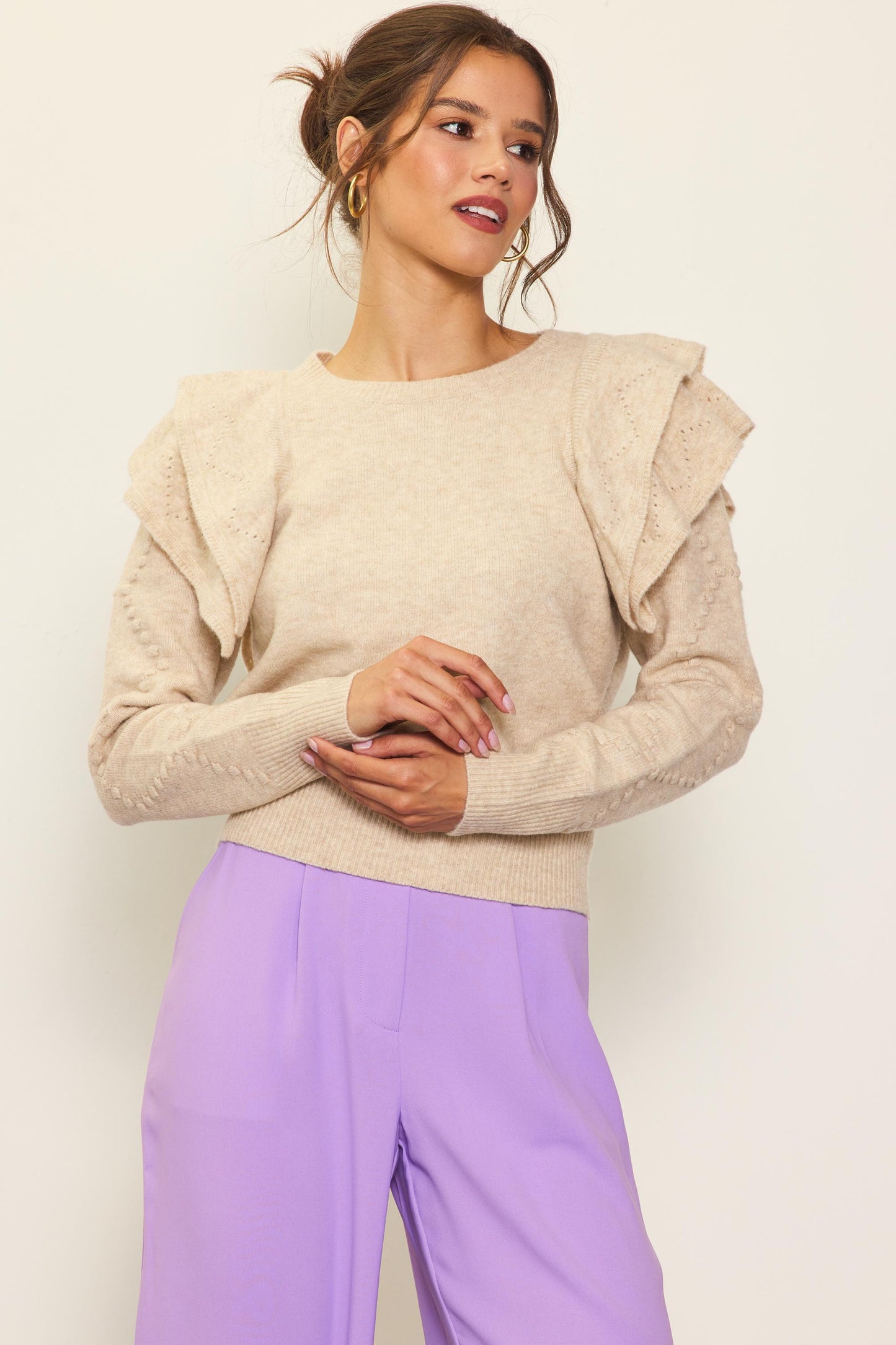 Cream Ruffle Sleeve Sweater