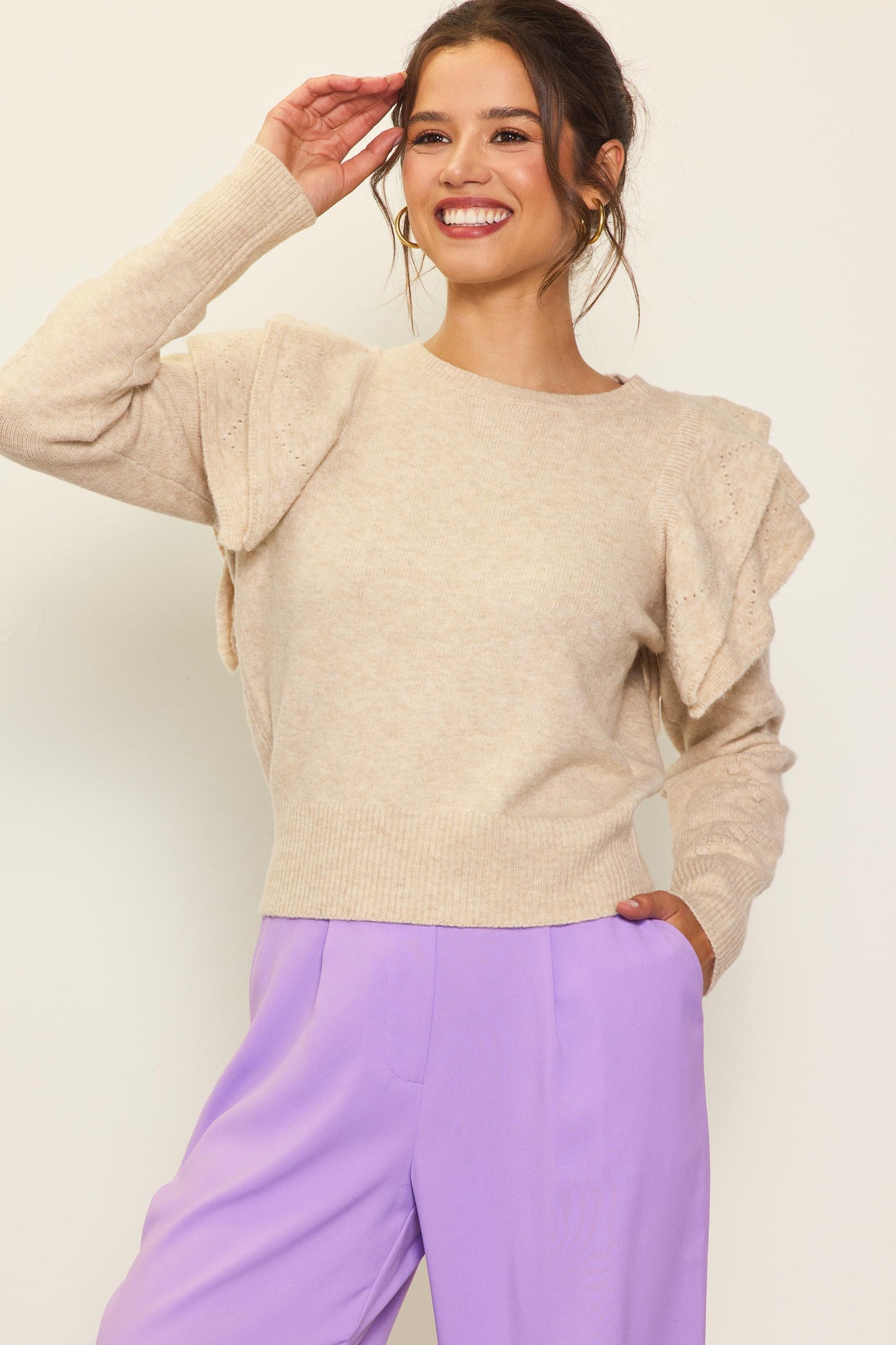 Cream Ruffle Sleeve Sweater