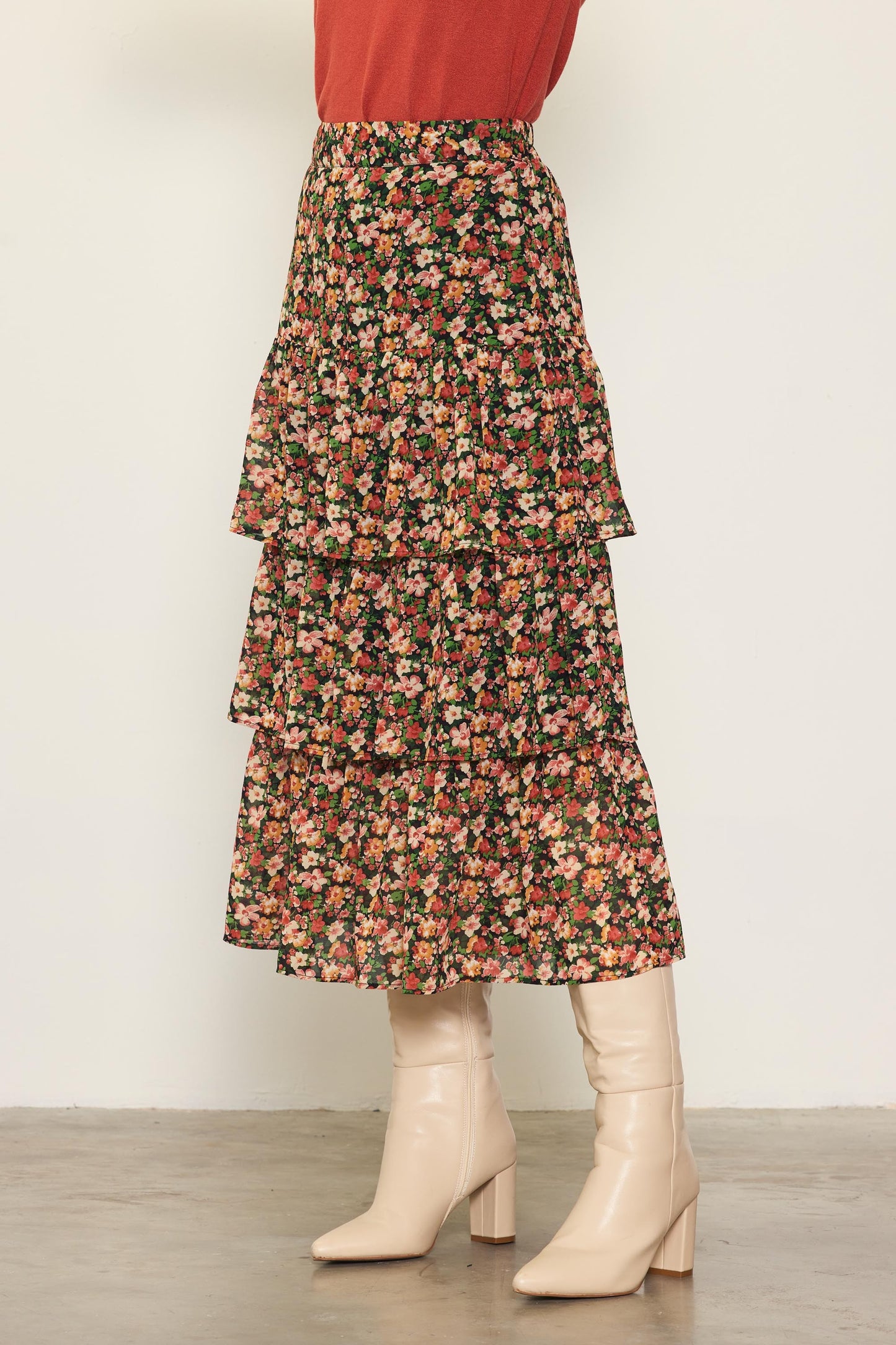 Floral Print Ruffled Midi Skirt
