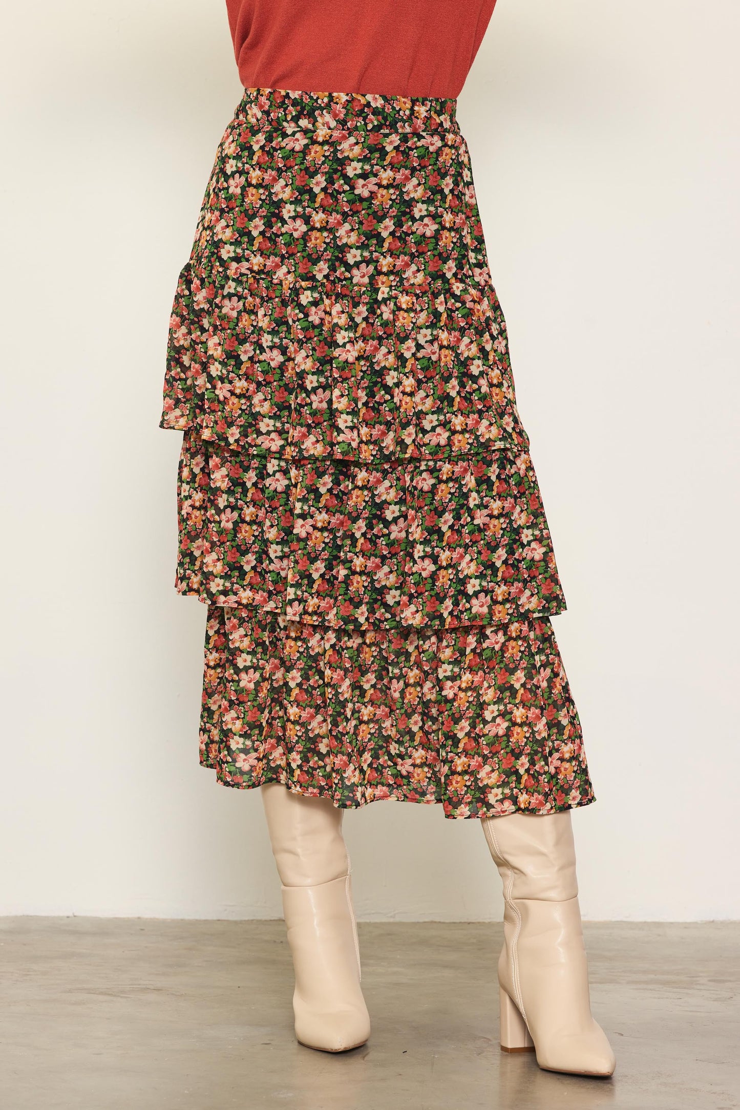Floral Print Ruffled Midi Skirt
