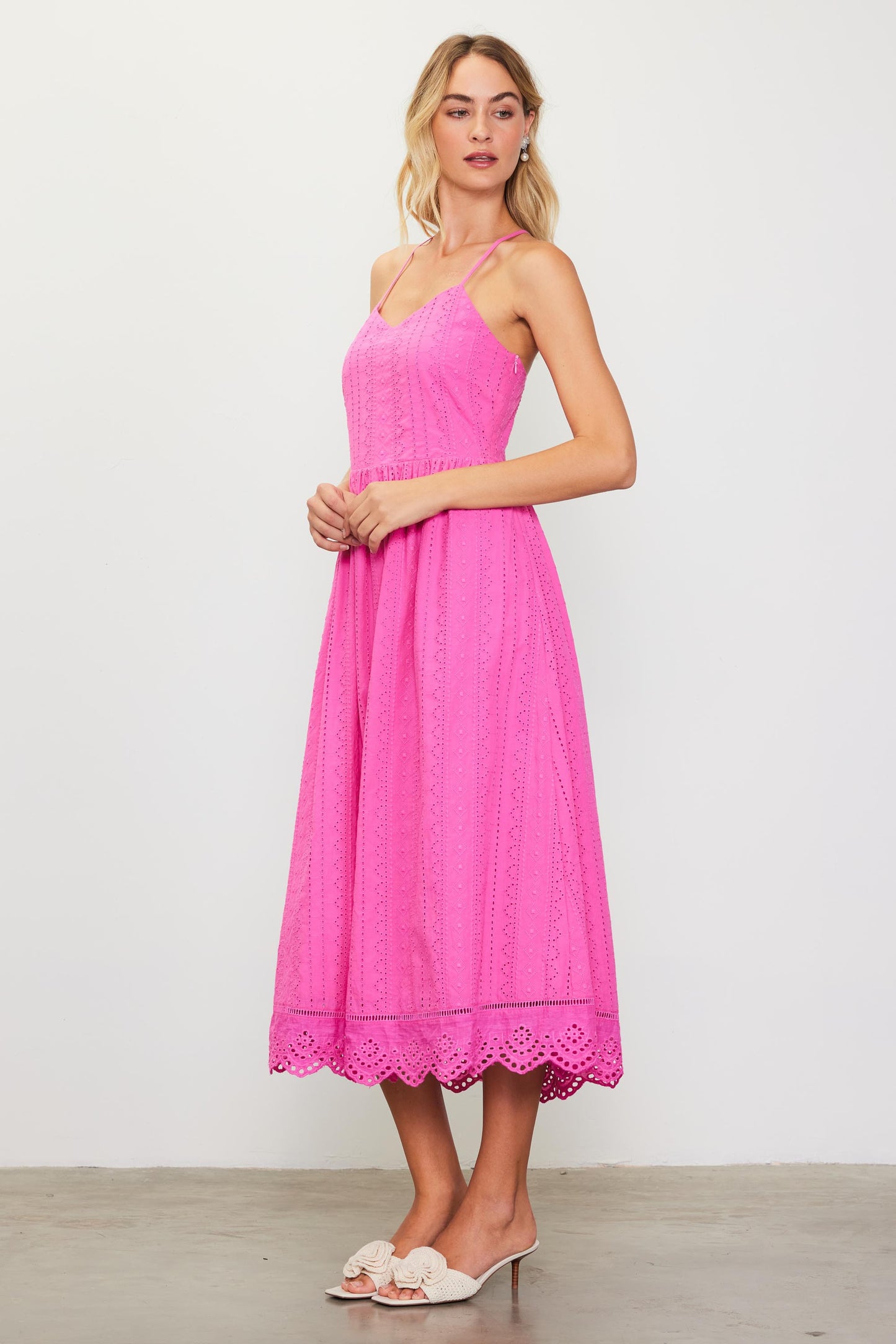 Pink Eyelet Midi Dress
