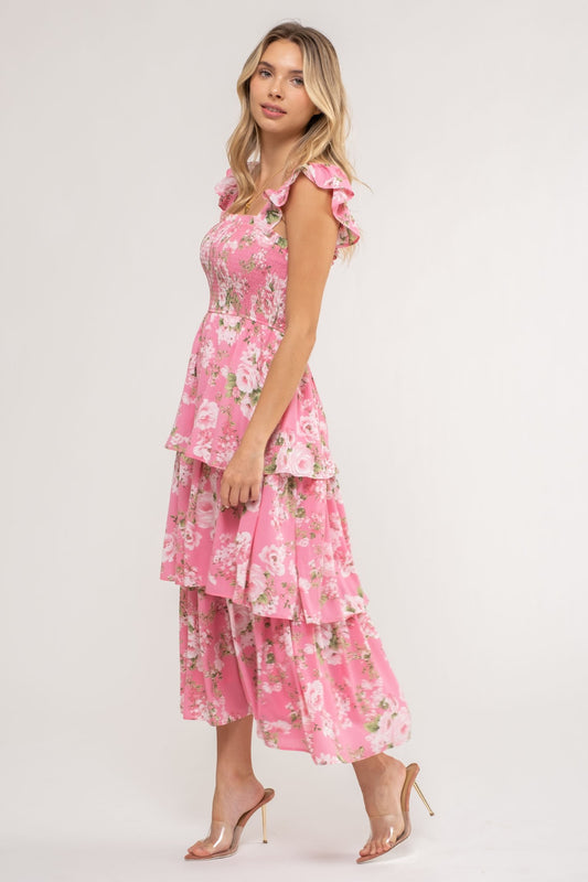 Pink Floral Tiered Midi Dress
