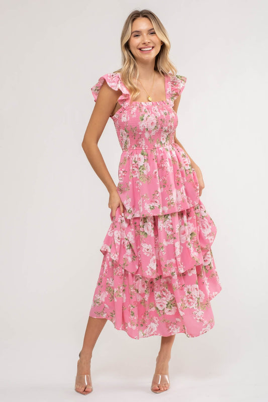 Pink Floral Tiered Midi Dress