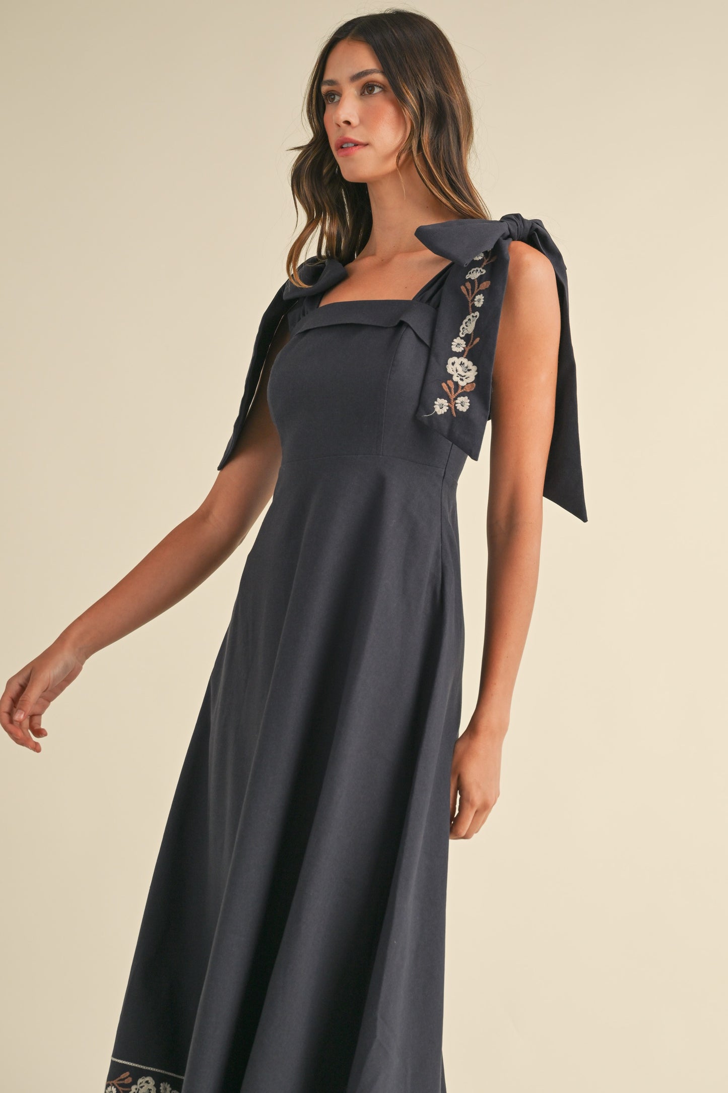 Navy Embroidered Bow Tie Midi Dress