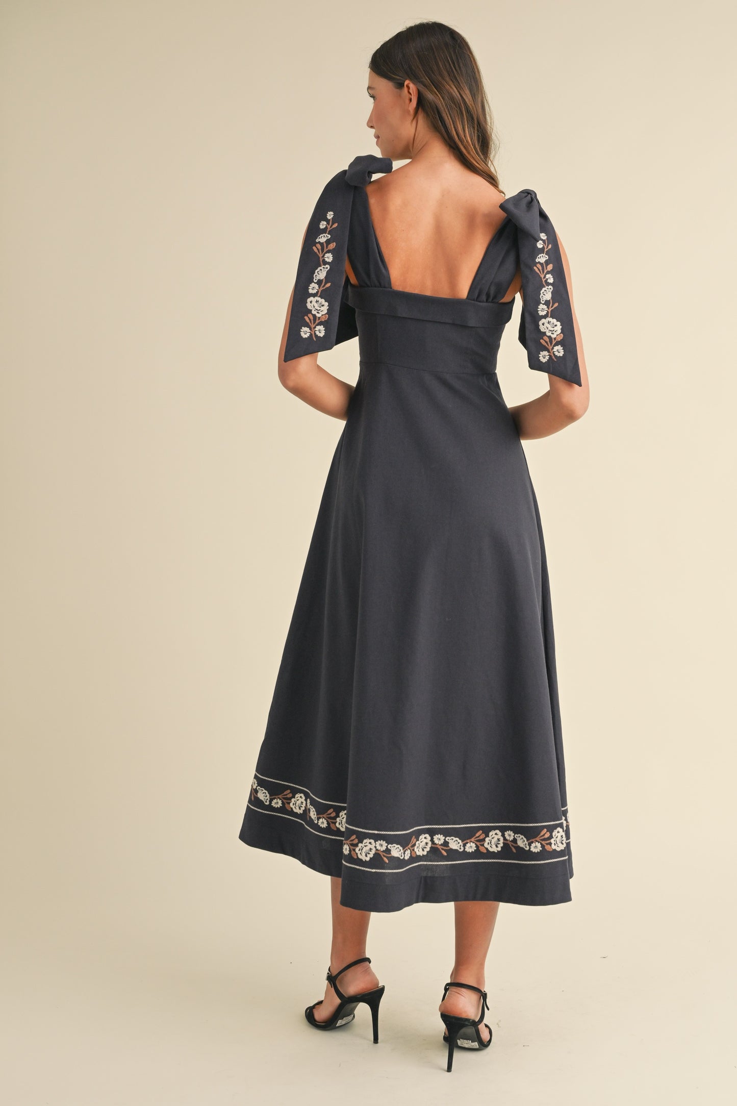 Navy Embroidered Bow Tie Midi Dress