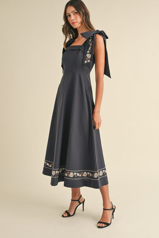 Navy Embroidered Bow Tie Midi Dress