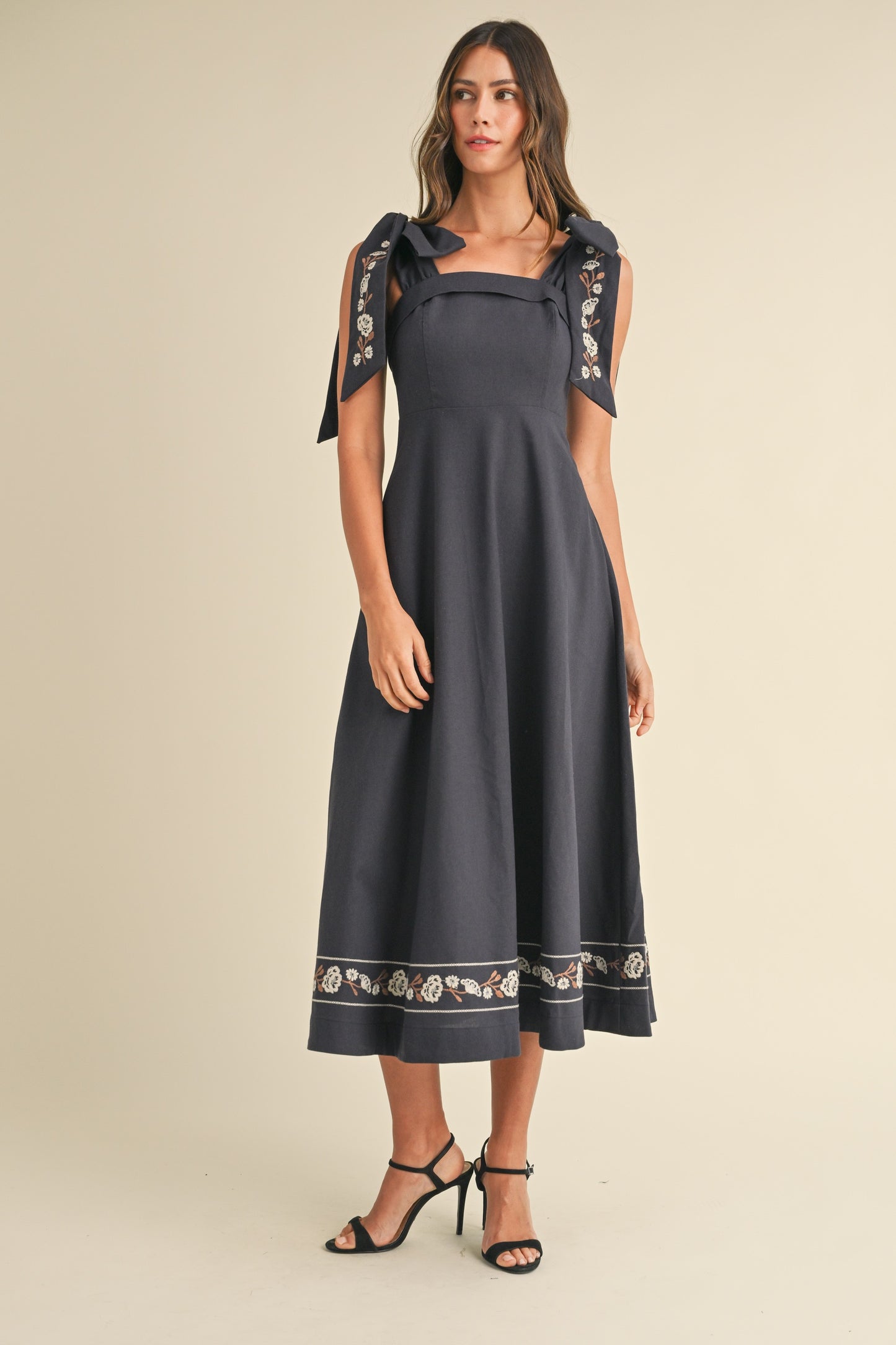 Navy Embroidered Bow Tie Midi Dress