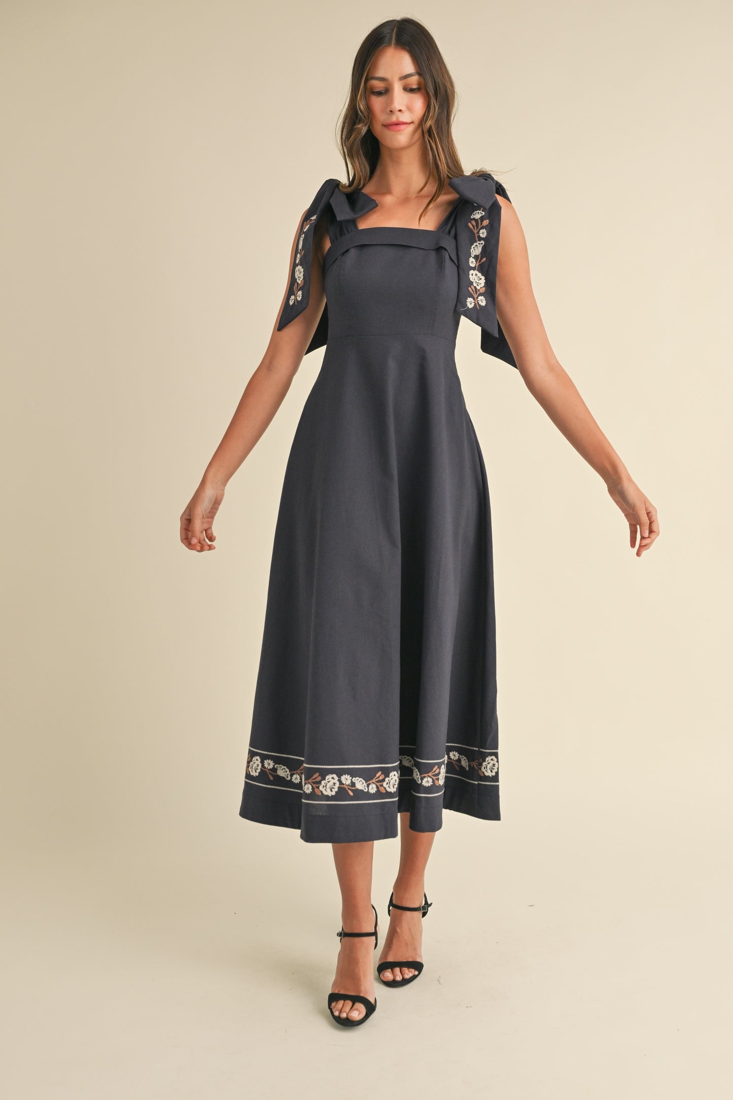 Navy Embroidered Bow Tie Midi Dress