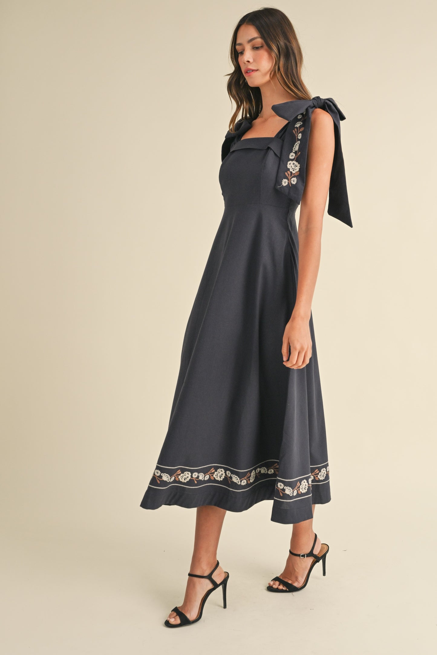 Navy Embroidered Bow Tie Midi Dress