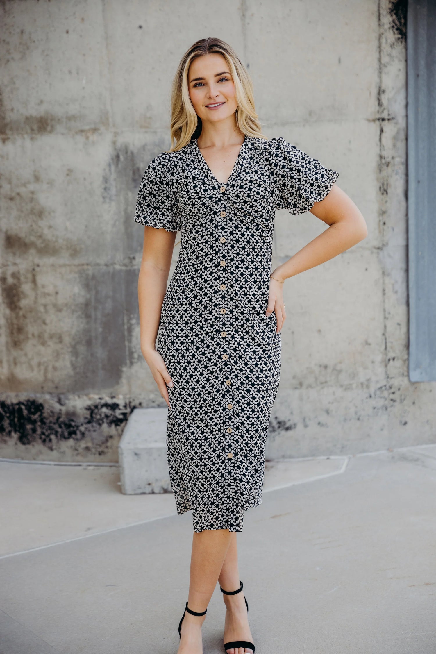 Black/White Floral Midi Dress