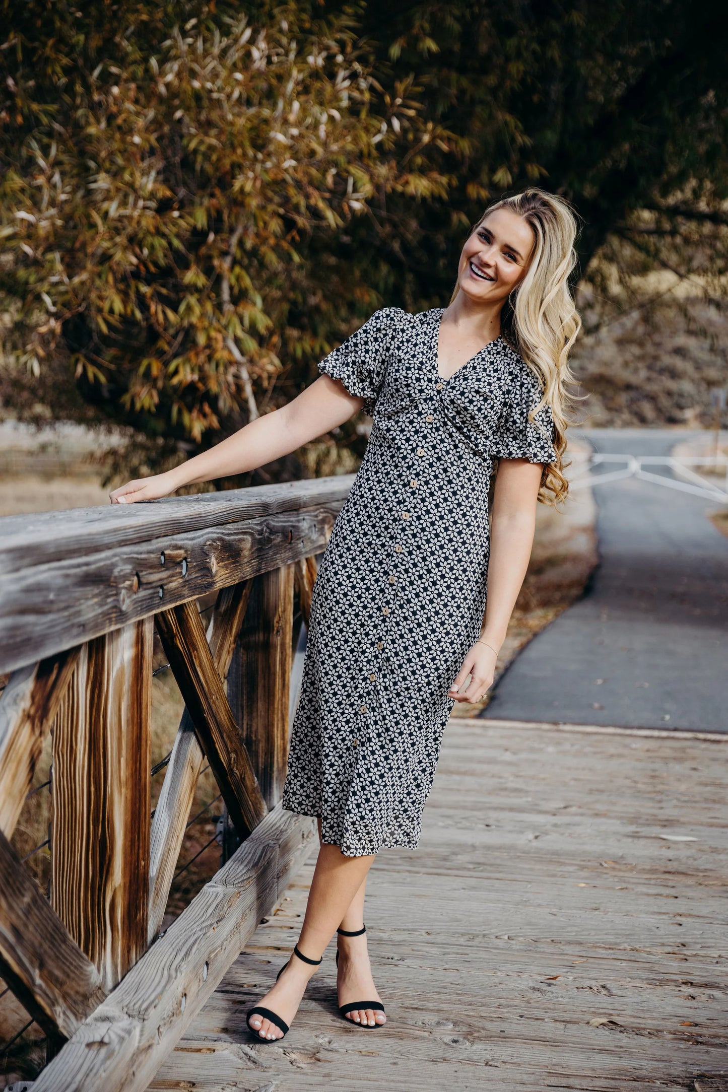 Black/White Floral Midi Dress