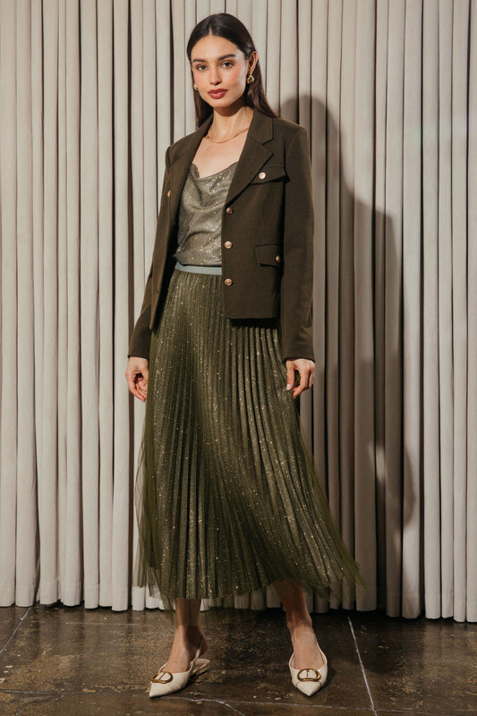 Olive Pleated Maxi Skirt