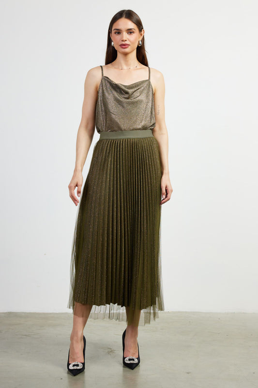 Olive Pleated Maxi Skirt