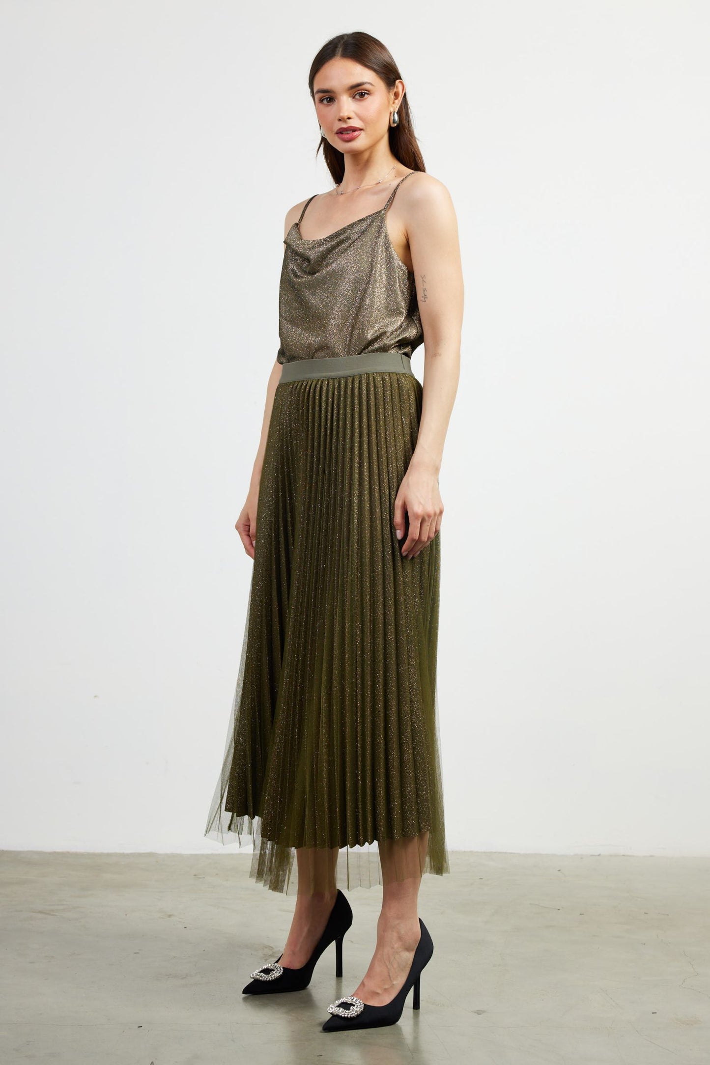 Olive Pleated Maxi Skirt