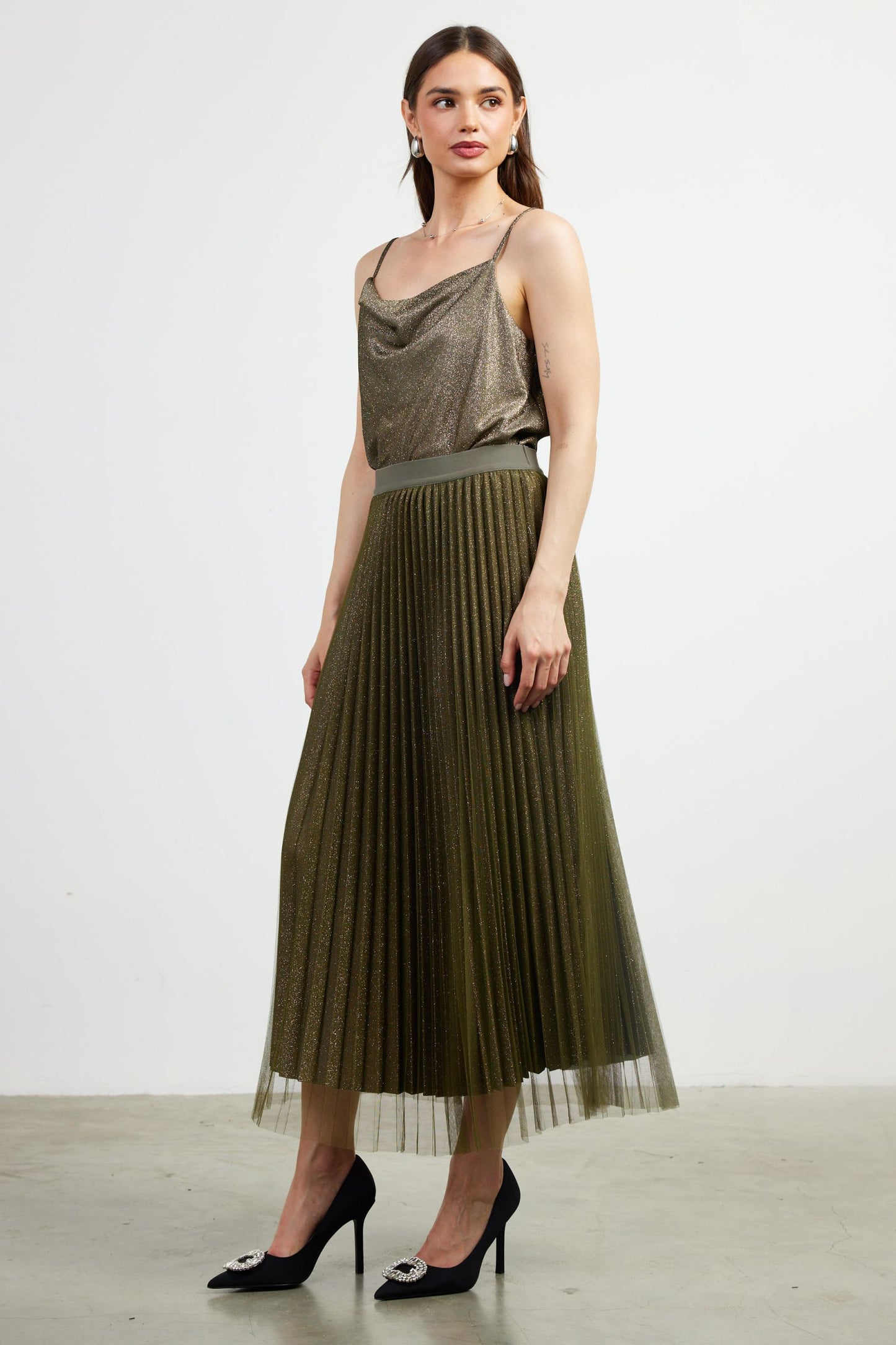 Olive Pleated Maxi Skirt