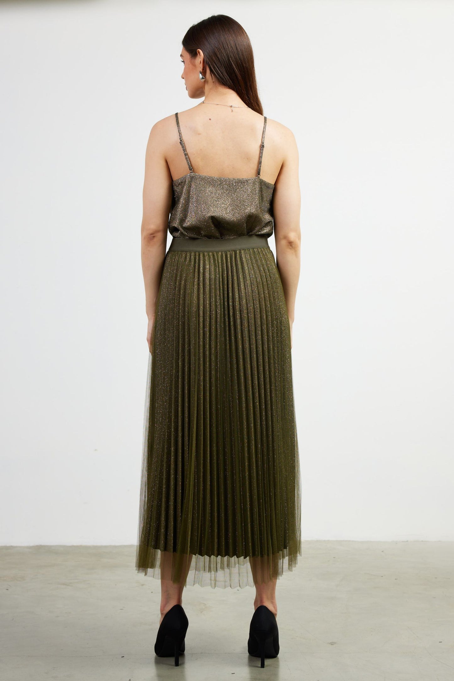 Olive Pleated Maxi Skirt