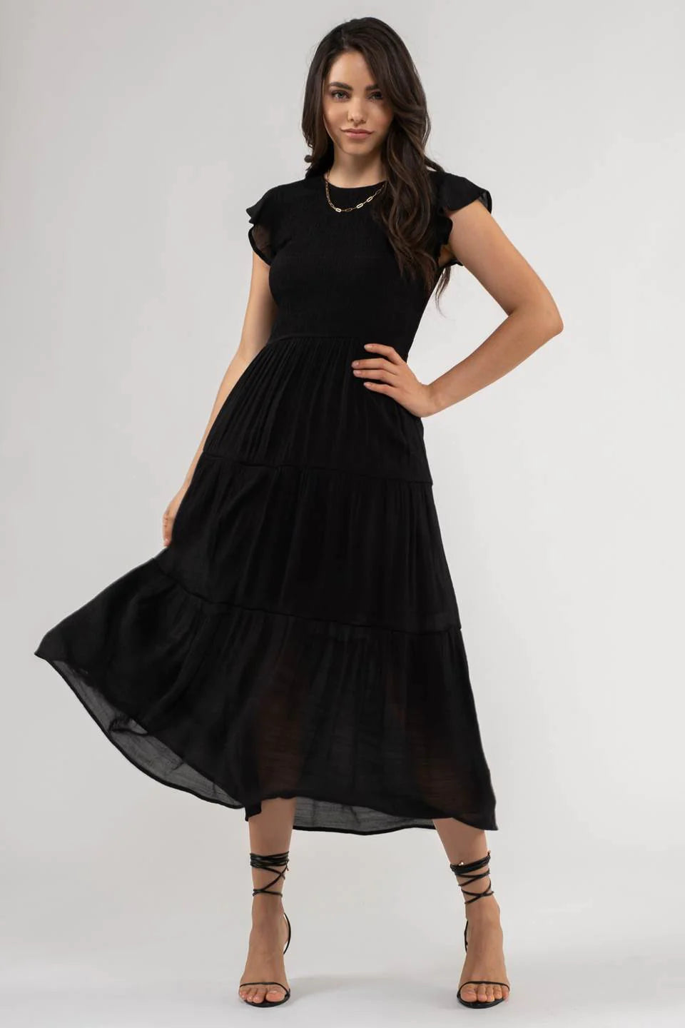Black Smocked Midi Dress