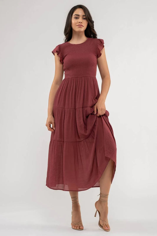 Raspberry Smocked Midi Dress