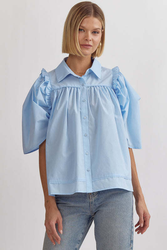 Chambray Puff Sleeve Button Up
