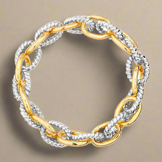 Mixed Metal Textured Link Chain Stretch Bracelet