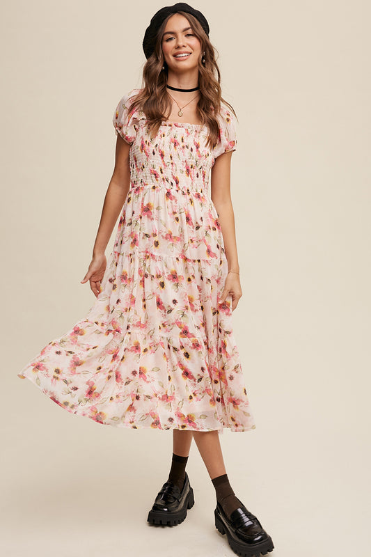Blush Floral Smocked Midi Dress