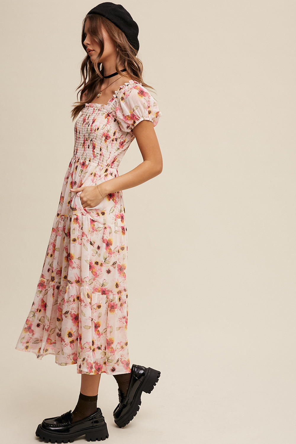 Blush Floral Smocked Midi Dress