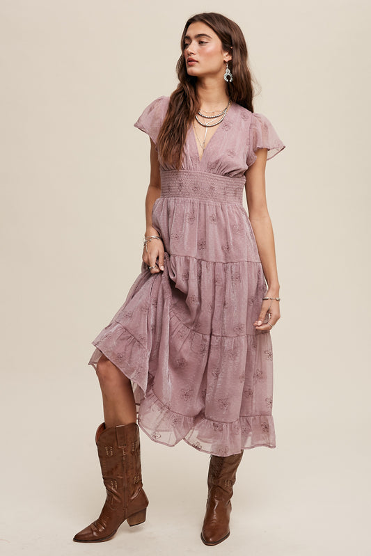 Mauve Embroidered Floral Maxi Dress
