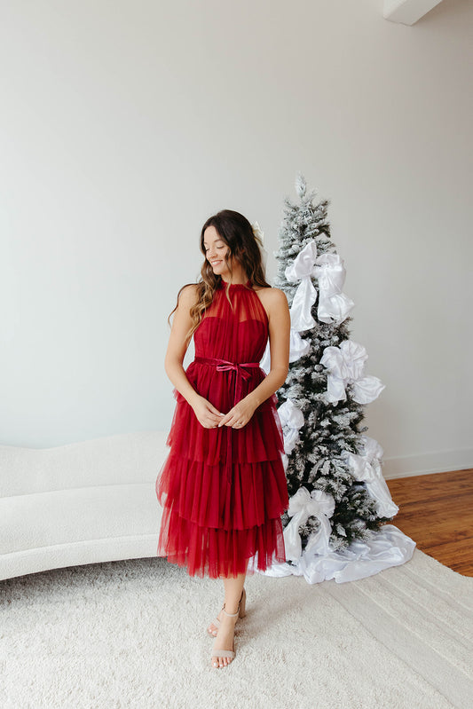 Wine Tuelle Halter Midi Dress - FINAL SALE