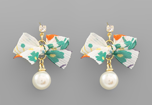 Ribbon & Pearl Earrings - White