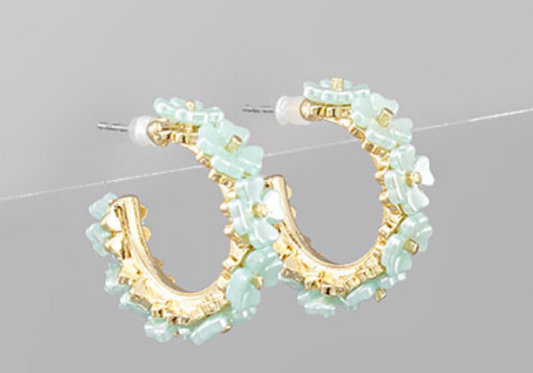 Pearly Flower Beaded Hoops - Mint