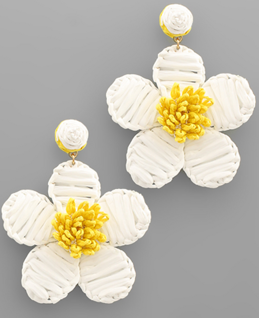 Raffia Wrapped Flower Earrings - White