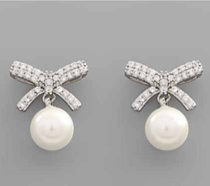 CZ Bow & Pearl Earrings - Silver
