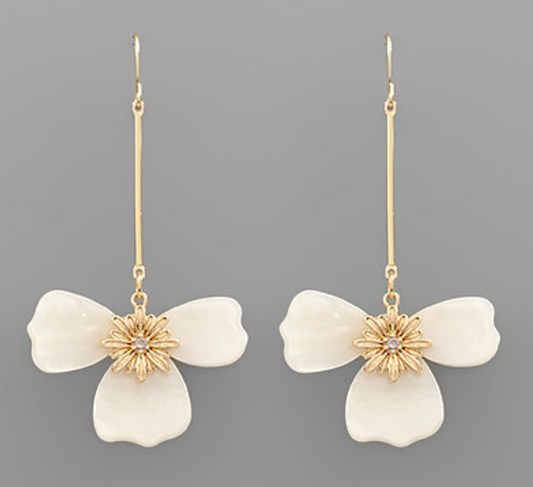 Flower Bar Dangle Earrings - White