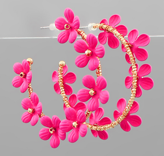 Trimmed Color Flower Hoops - Fuchsia