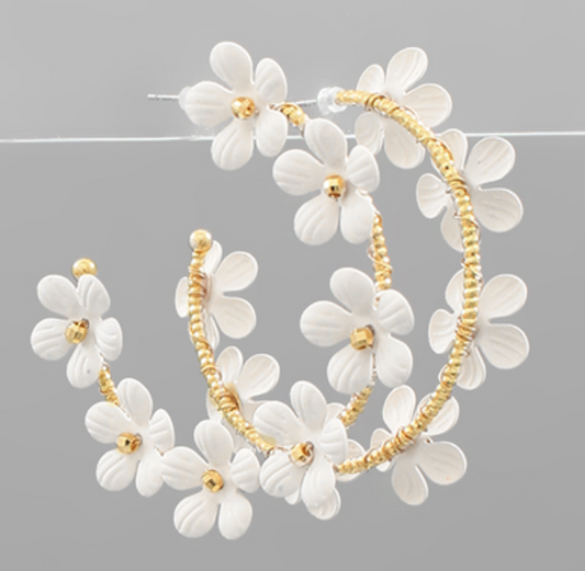 Trimmed Color Flower Hoops - White