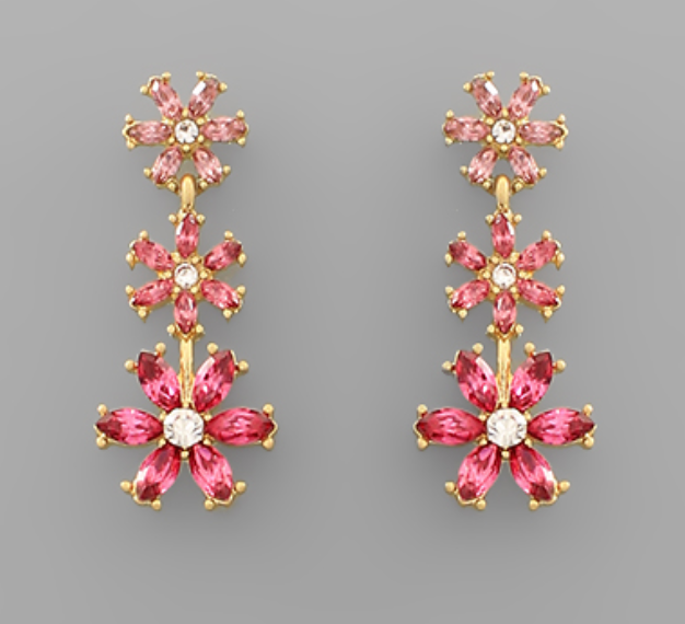 Marquise 3 Flower Drop Earrings - Pink