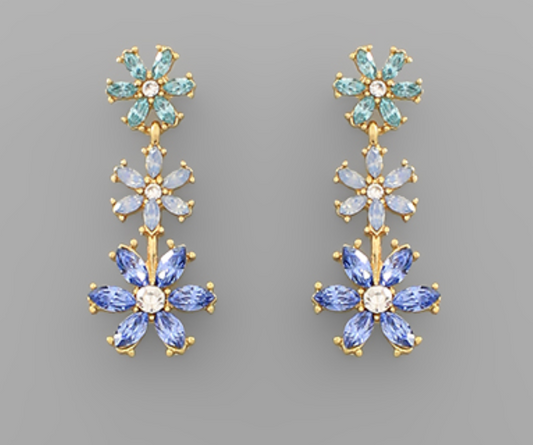 Marquise 3 Flower Drop Earrings - Blue