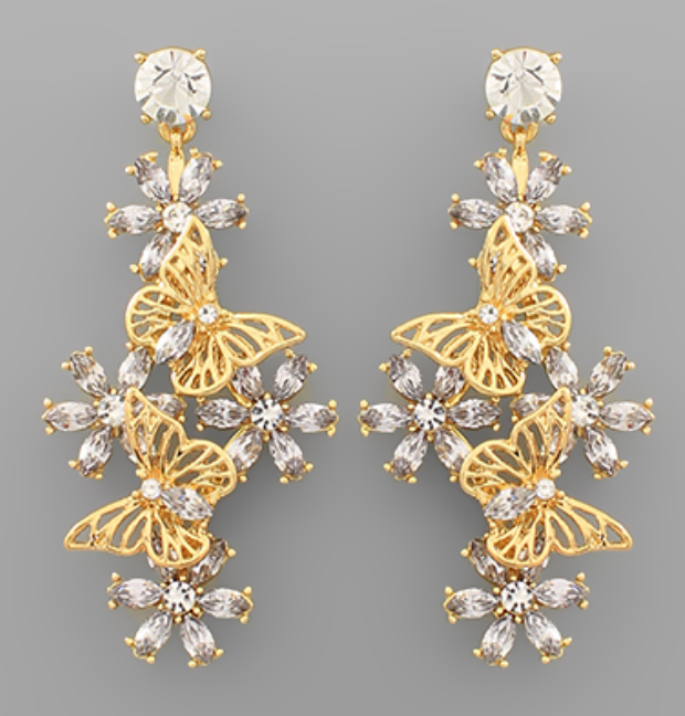 Pave Flower & Butterfly Drop Earrings - Clear